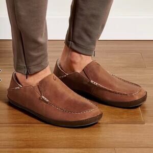 Olukai Moloa Slippers Nubuck Leather Real Sheep Shearling Fur Men's Size 9